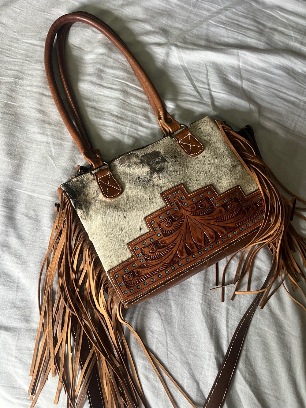 Zebedee Concealed Carry Haute Southern Hyde Western Fringe Cowhide Purse Bag